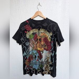 Christian Audigier Los Angeles Skull Tattoo Art Black T-Shirt Men's Size Small